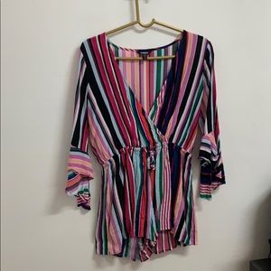 Striped bell sleeve romper with tie